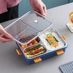 Stainless steel tiffin box with a transparent lid, featuring separate compartments and included chopsticks.