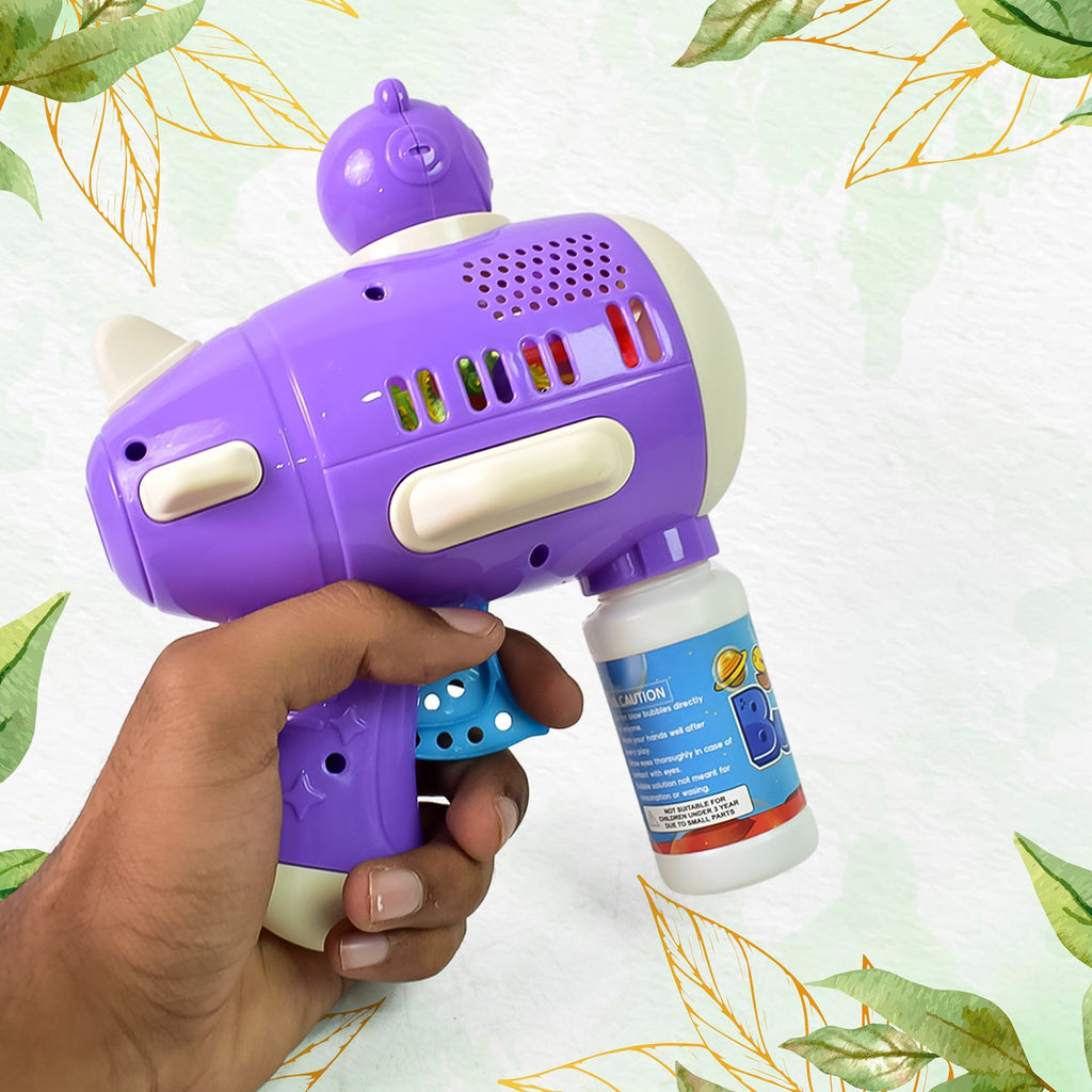 Front view of the space bubble gun toy with LED lights, appealing to kids.