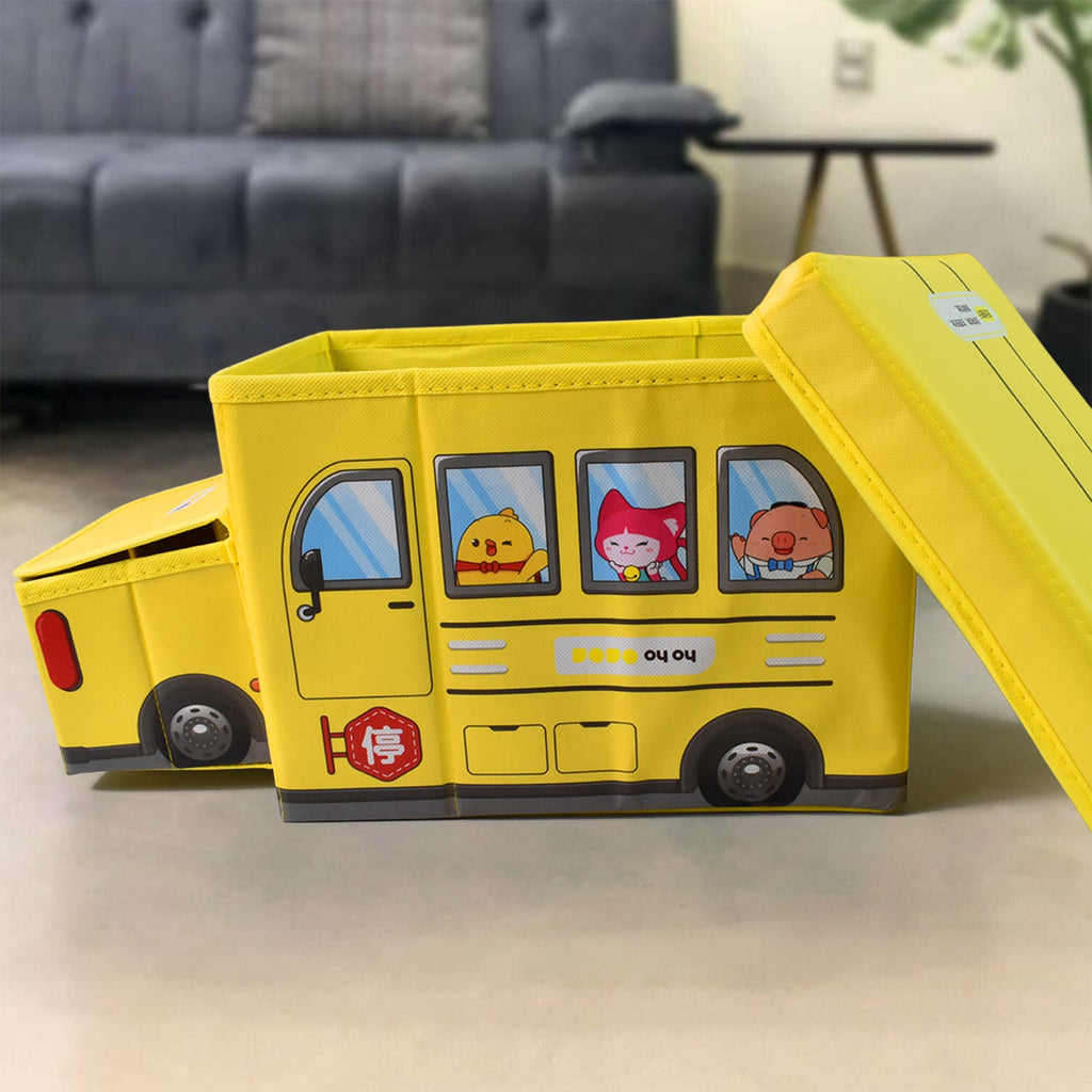 Multiple School Bus Toy Storage Boxes neatly arranged in a child's playroom, offering ample storage.