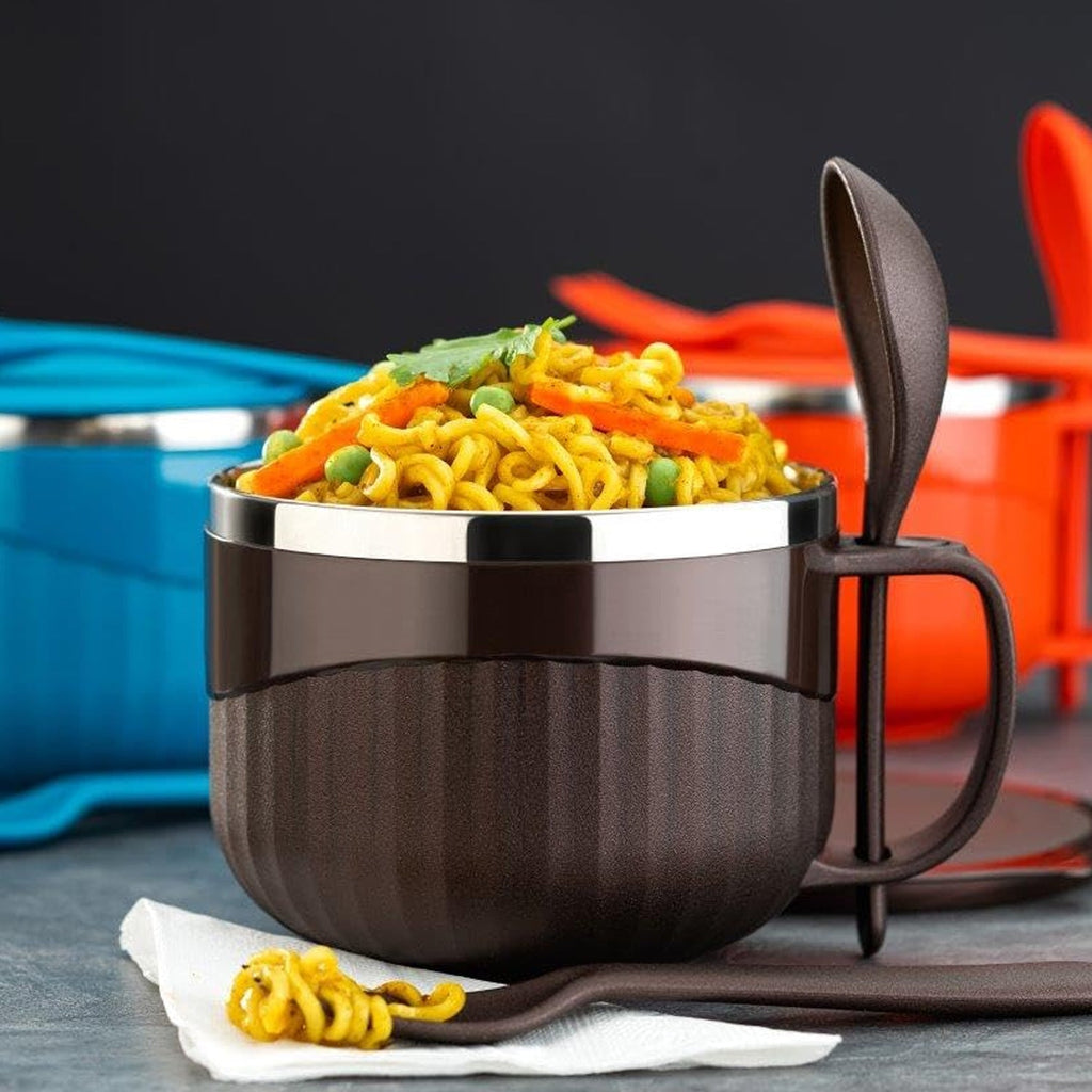 Home Chef insulated lunch bowl 650ml with integrated cutlery set and leak-proof lid.