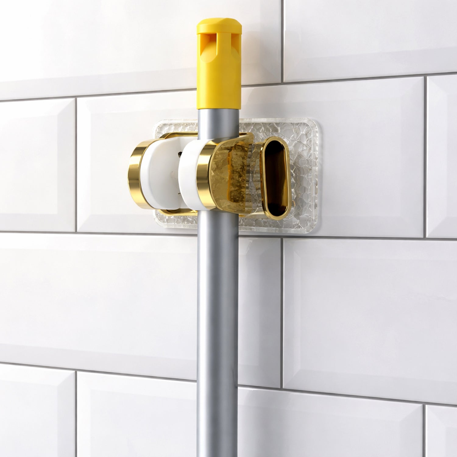 Wall mount mop and broom organizer ideal for kitchen and utility spaces