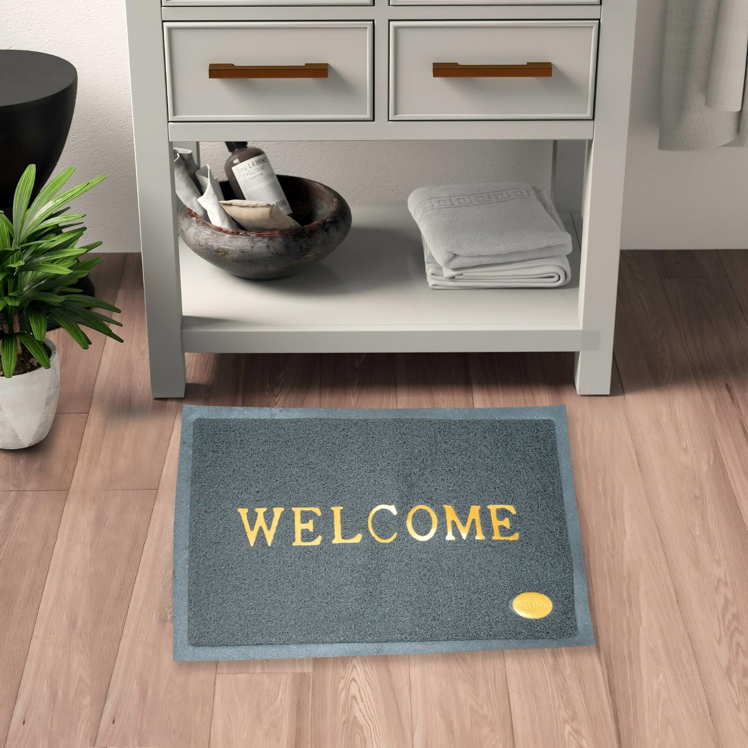 The multi-purpose Welcome Door Mat in a living room entryway, highlighting its versatile use.