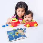 Individual wooden puzzle pieces showing different continents and their distinct shapes.
