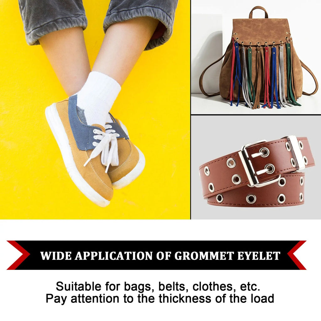 A collection of bright gold eyelets neatly arranged beside the durable grommet setting tool.