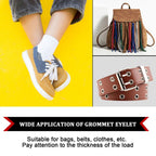 A collection of bright gold eyelets neatly arranged beside the durable grommet setting tool.