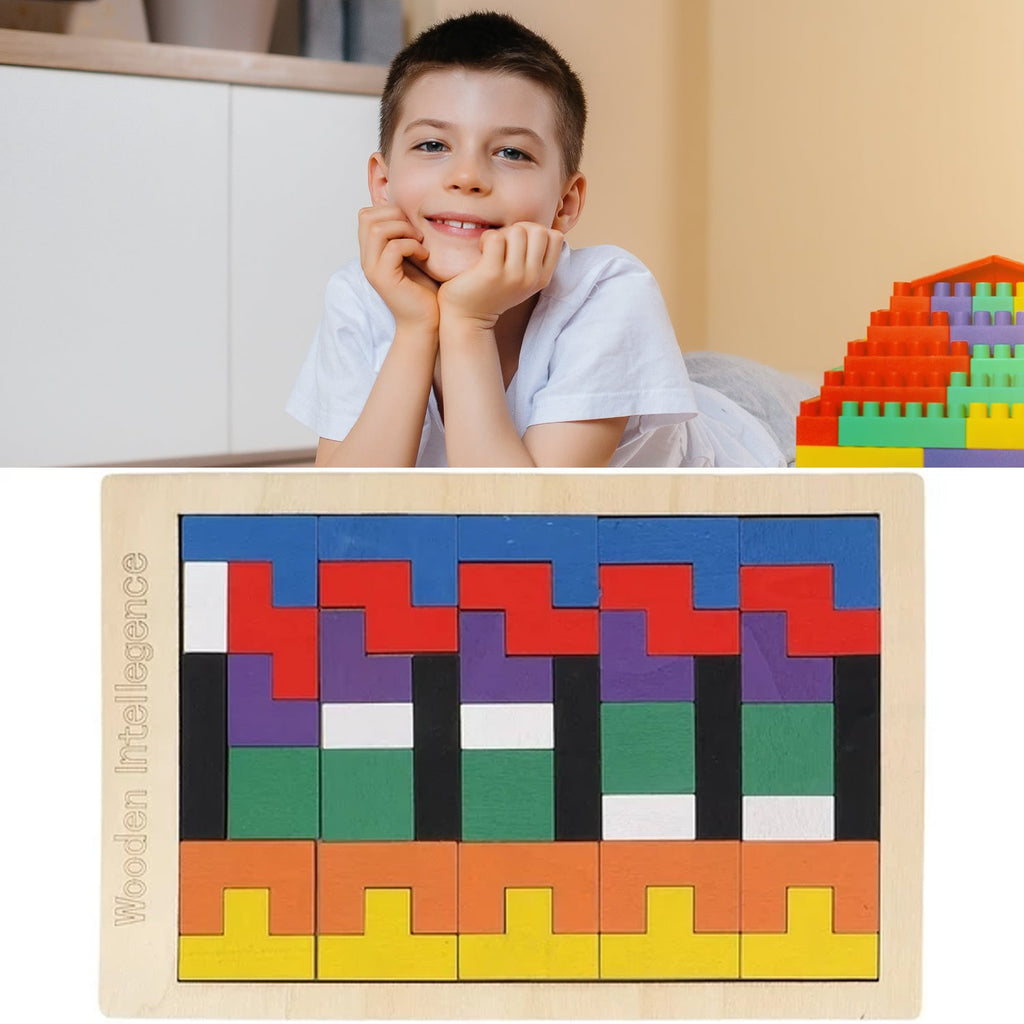 Neatly arranged educational wooden blocks puzzle toy, showcasing all pieces.