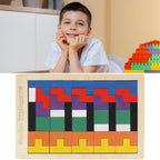 Neatly arranged educational wooden blocks puzzle toy, showcasing all pieces.