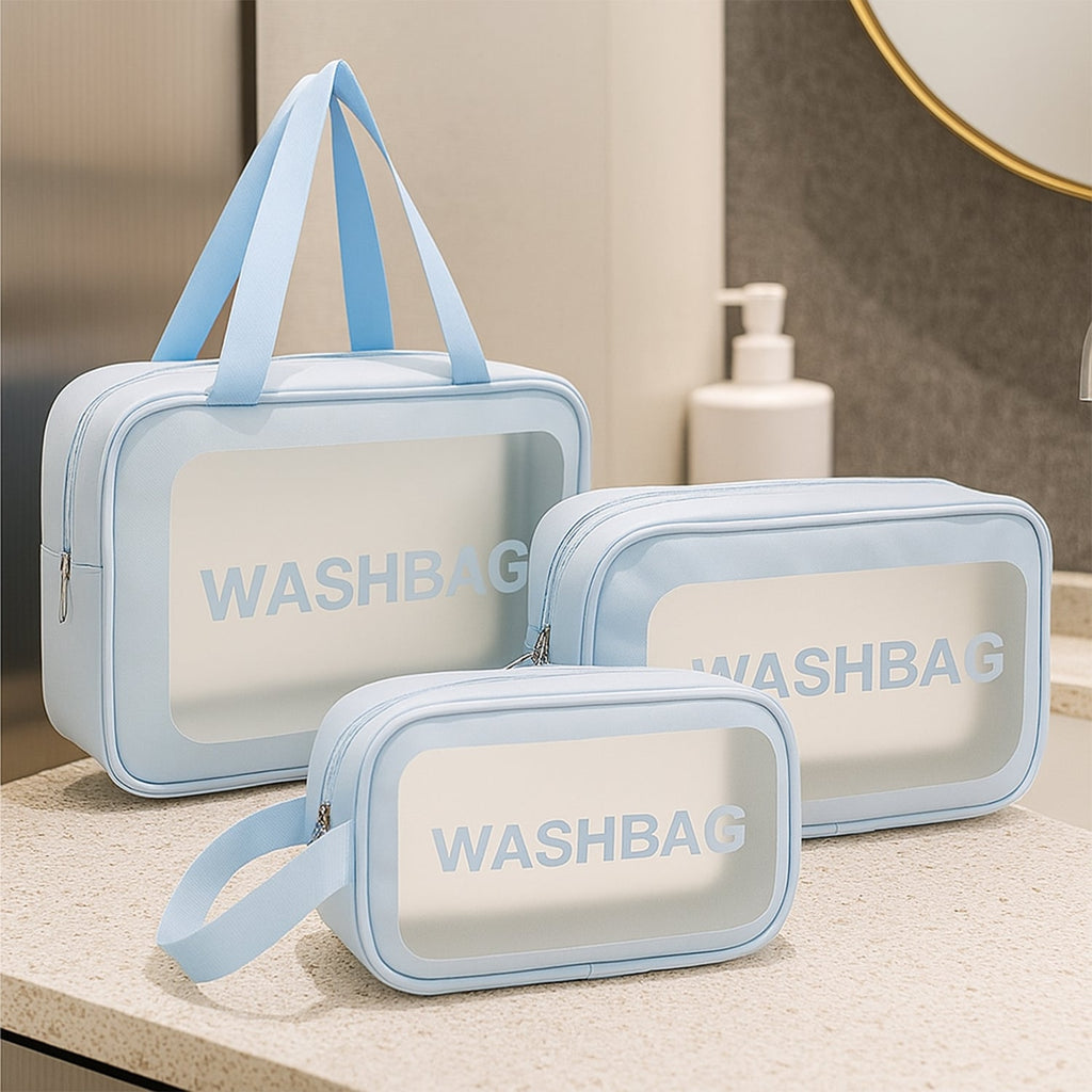 Waterproof transparent travel toiletry bag set with three sizes front view