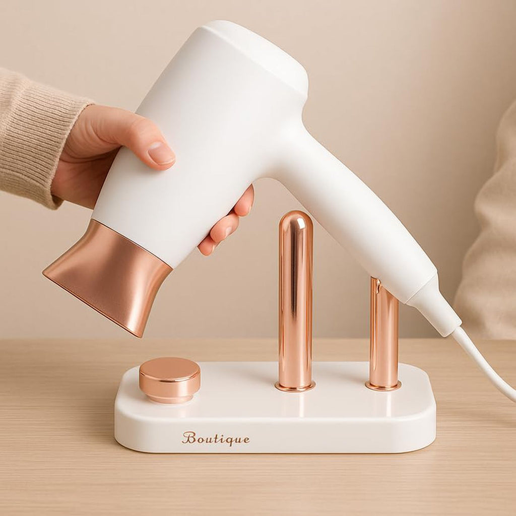 Hair dryer holder showing heat resistant material