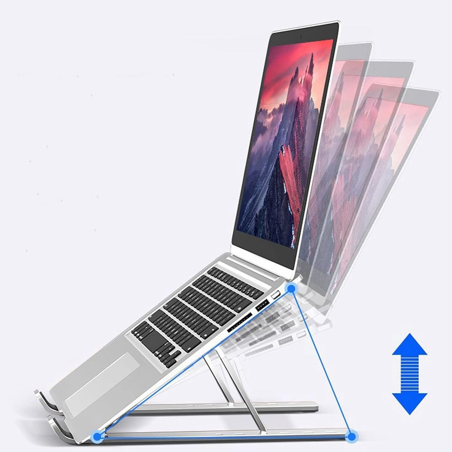 Side view of the metal portable laptop stand with a laptop, highlighting the ergonomic angle.