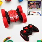 Close up of cyclone stunt dual-side remote control car highlighting tire grip