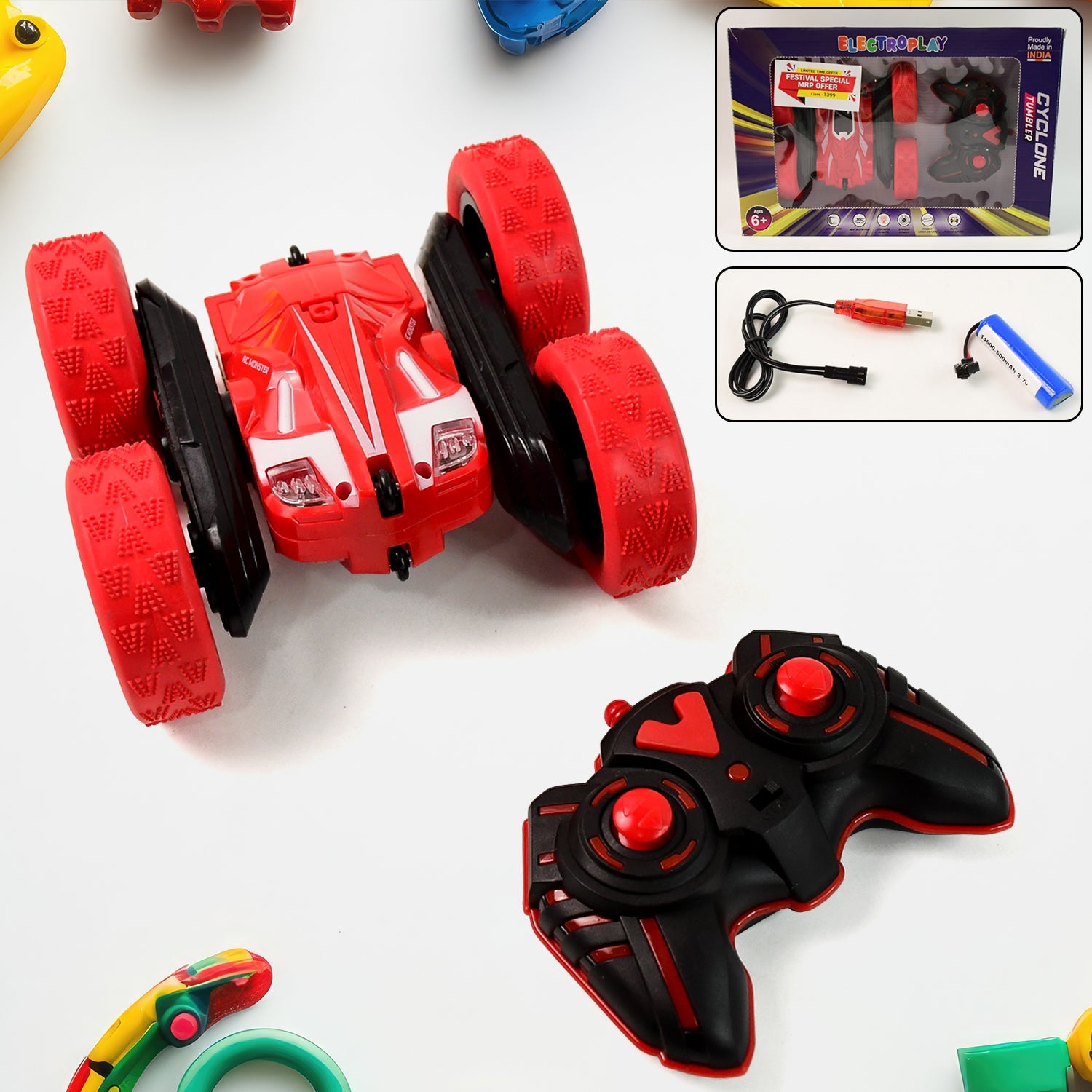 Close up of cyclone stunt dual-side remote control car highlighting tire grip