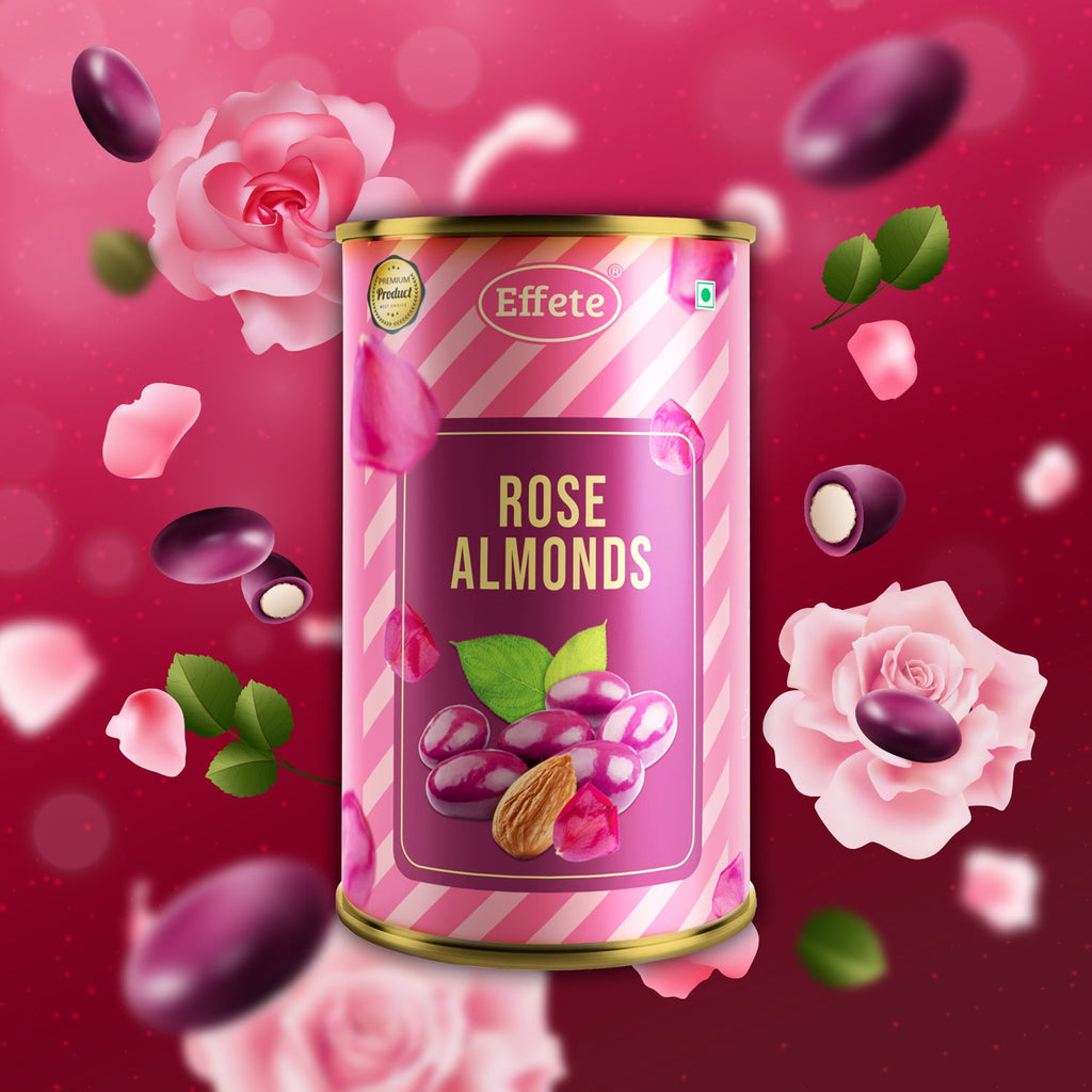 Gift pack set with golden rose and rose almonds in stylish tin