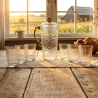 Textured glass water jug with handle paired with matching glasses