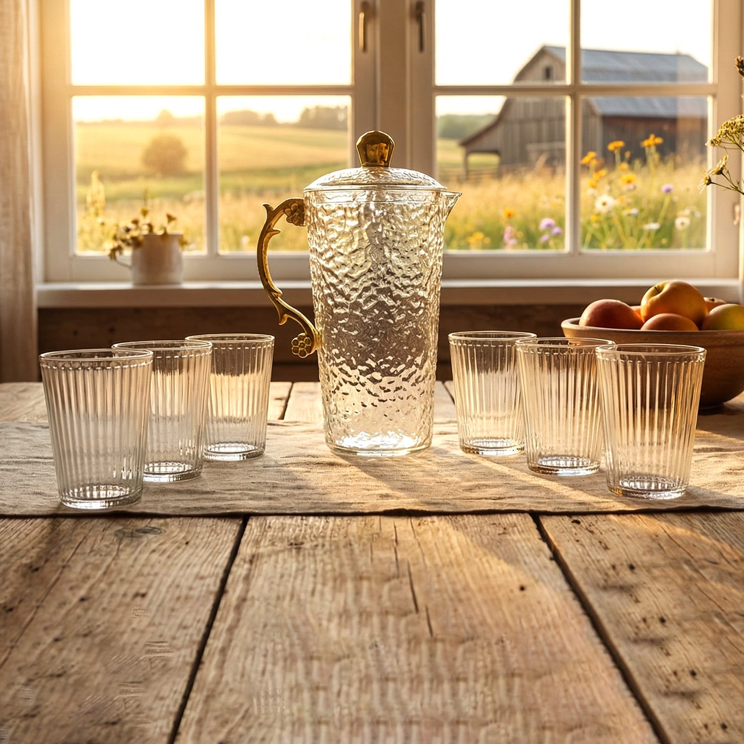 Textured glass water jug with handle paired with matching glasses