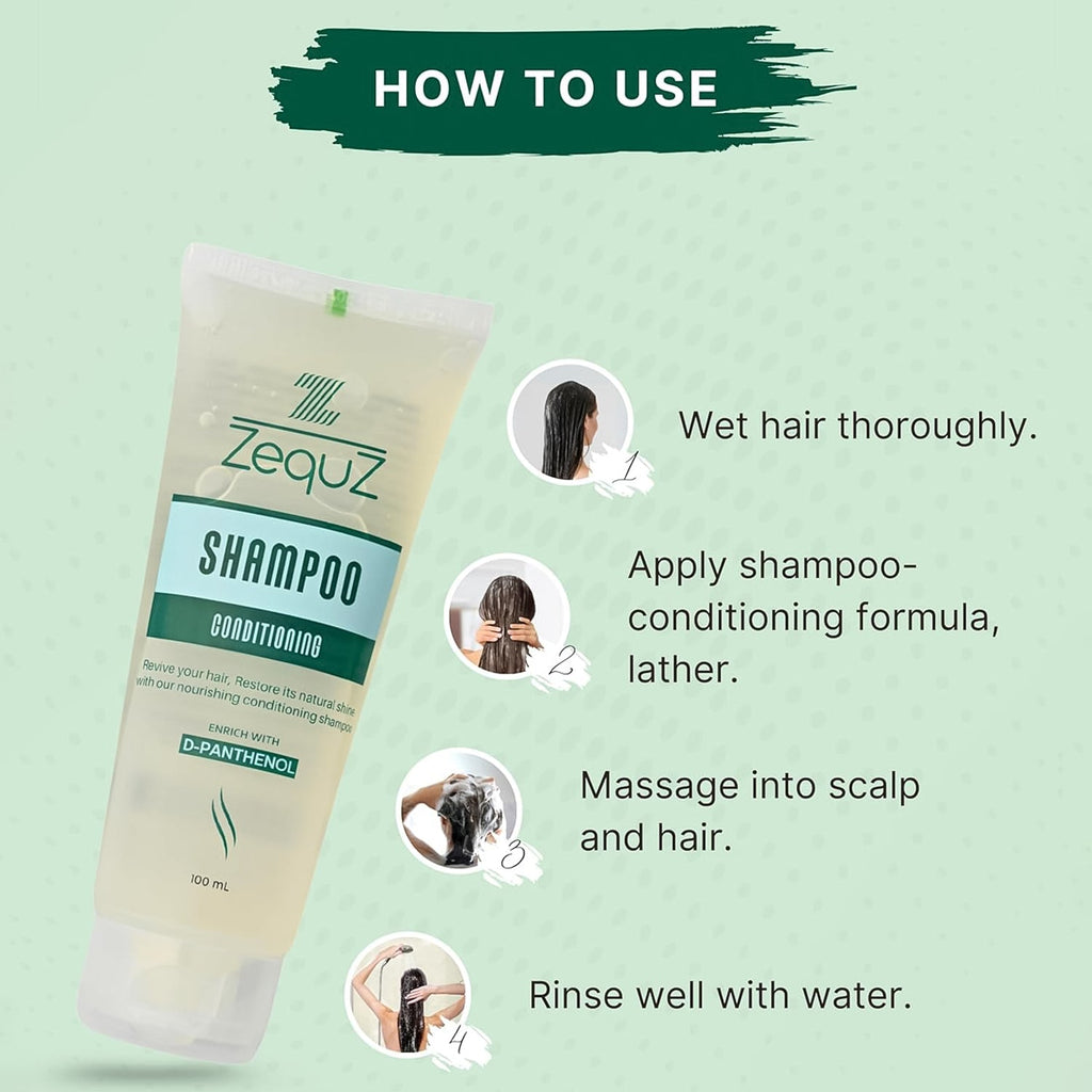 Packaging details of Zequz Conditioning Shampoo in 100ml flip-cap tube