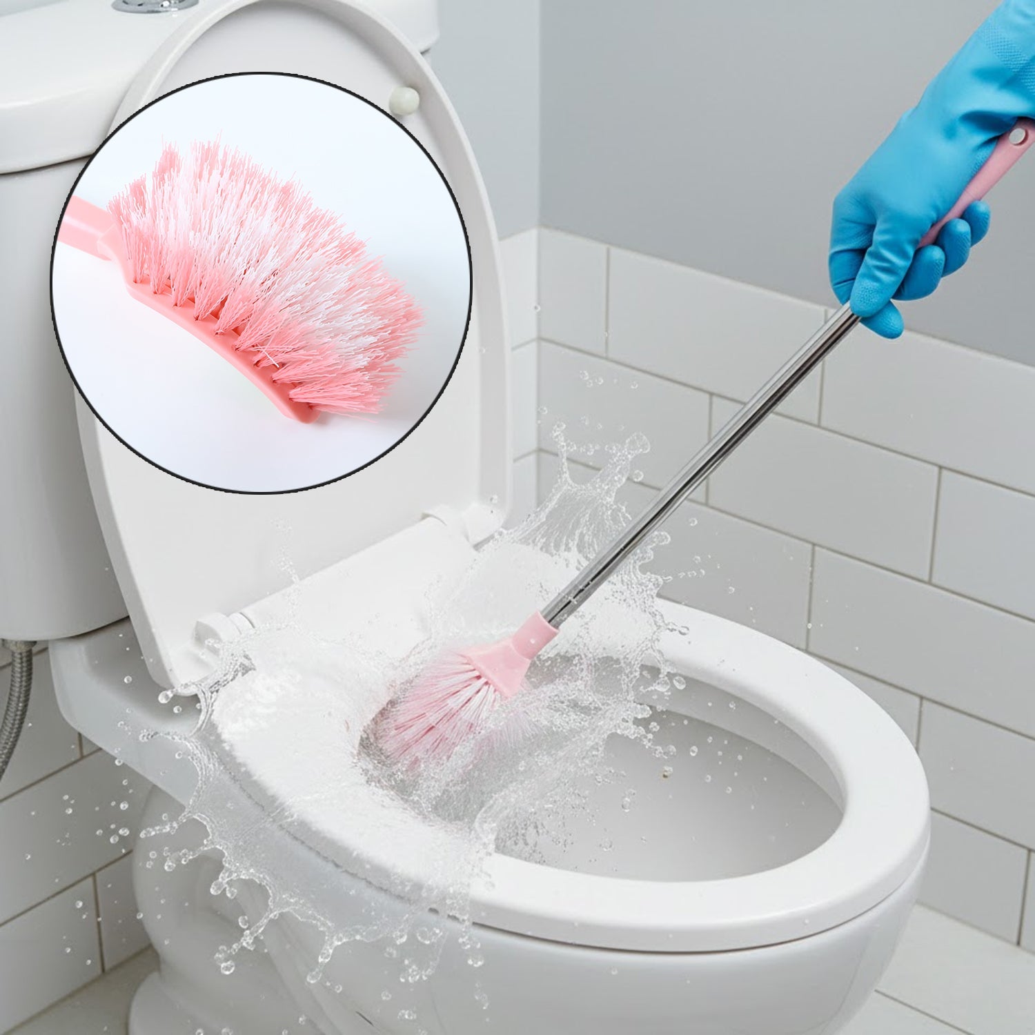 Toilet cleaning brush with long handle and dense bristles for effective bathroom cleaning