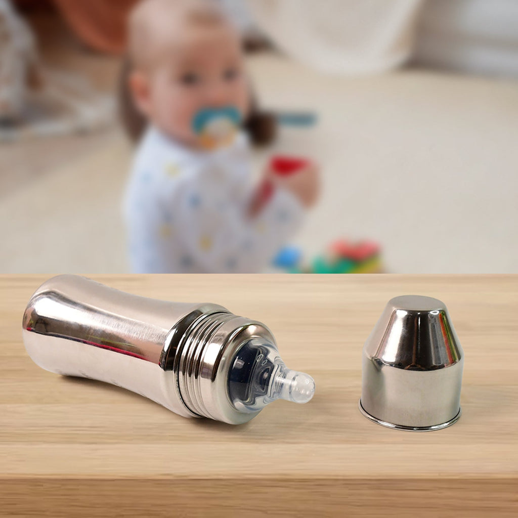 Wide neck stainless steel baby feeding bottle to ease filling and cleaning