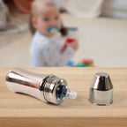 Wide neck stainless steel baby feeding bottle to ease filling and cleaning