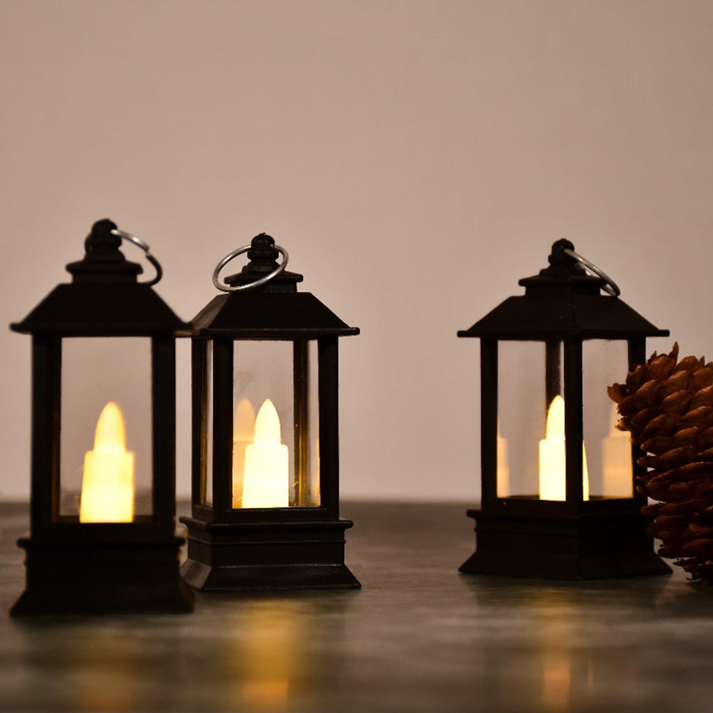 Close-up of a rustic lantern showcasing the realistic flameless candle.