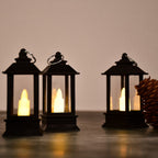 Close-up of a rustic lantern showcasing the realistic flameless candle.