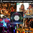 Set of round LED drink coasters illuminating beverages at a party.
