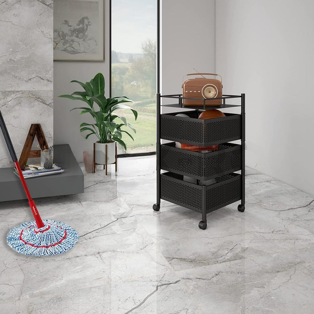 Side view of the sturdy metal kitchen trolley with smooth-rolling caster wheels.