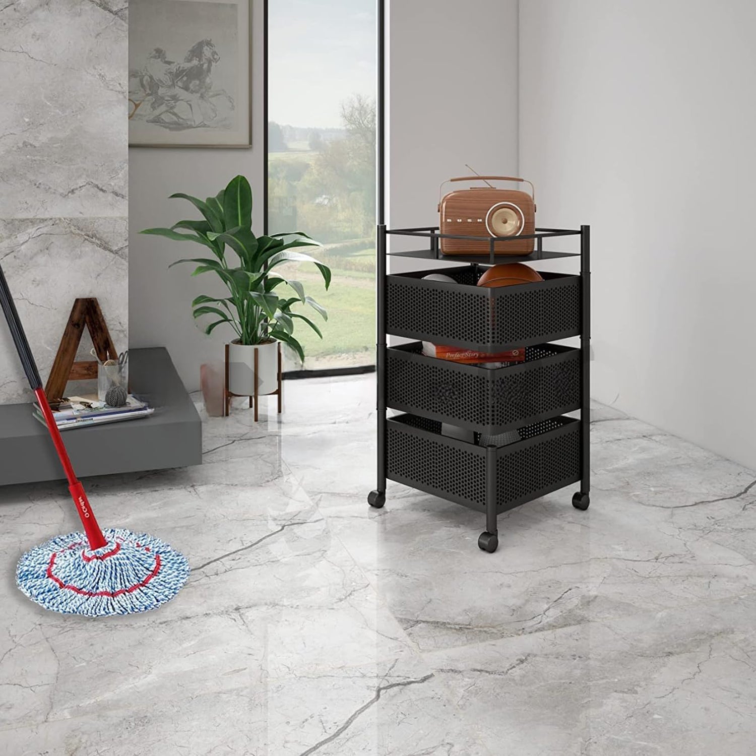 Side view of the sturdy metal kitchen trolley with smooth-rolling caster wheels.