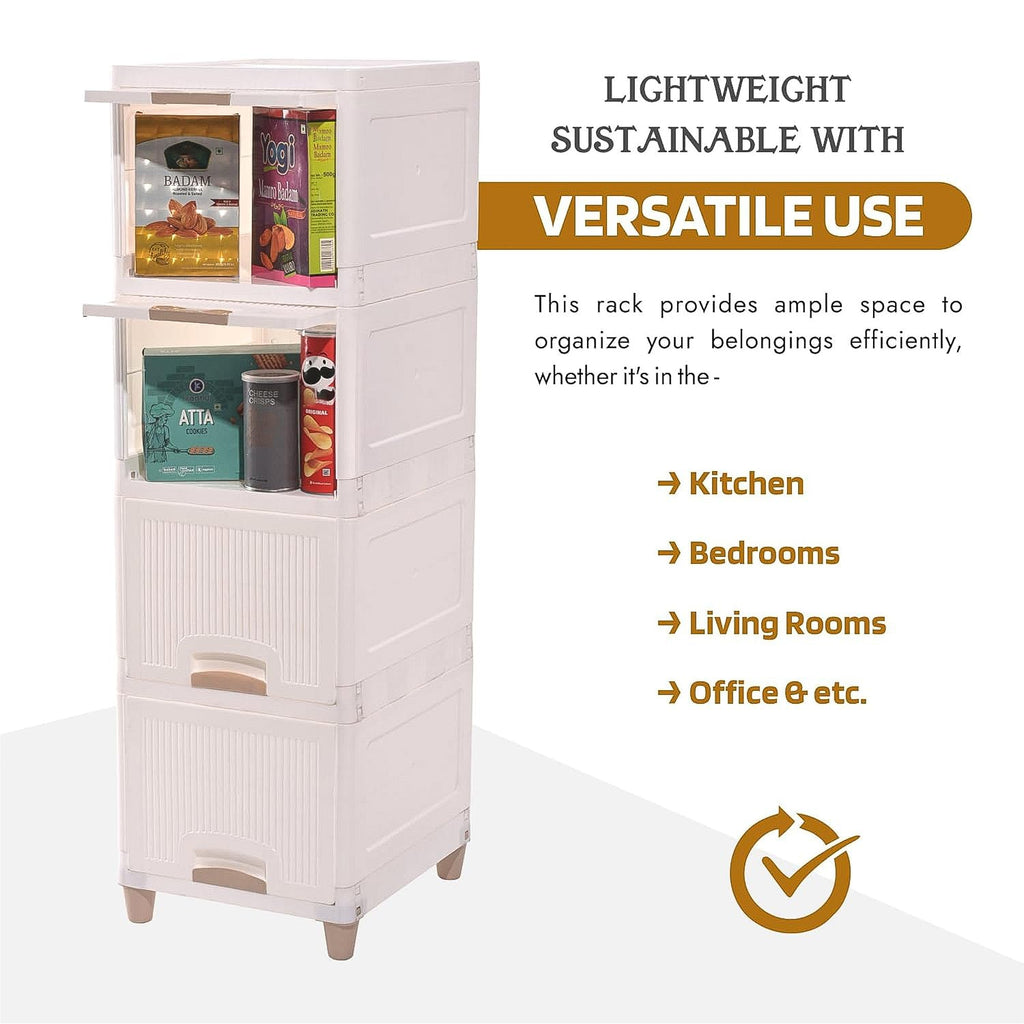 Compact vertical design of white plastic storage drawer cabinet