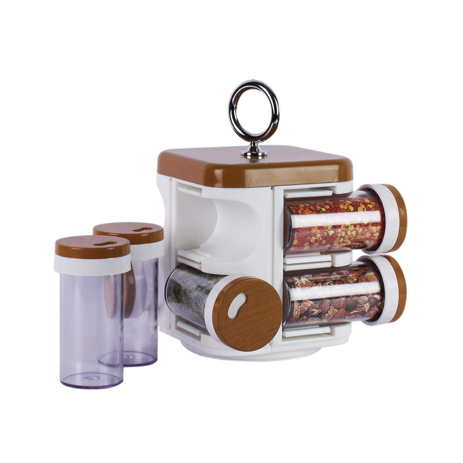 Detailed view of the 8 durable plastic spice jars from the Ganesh Storewell set.