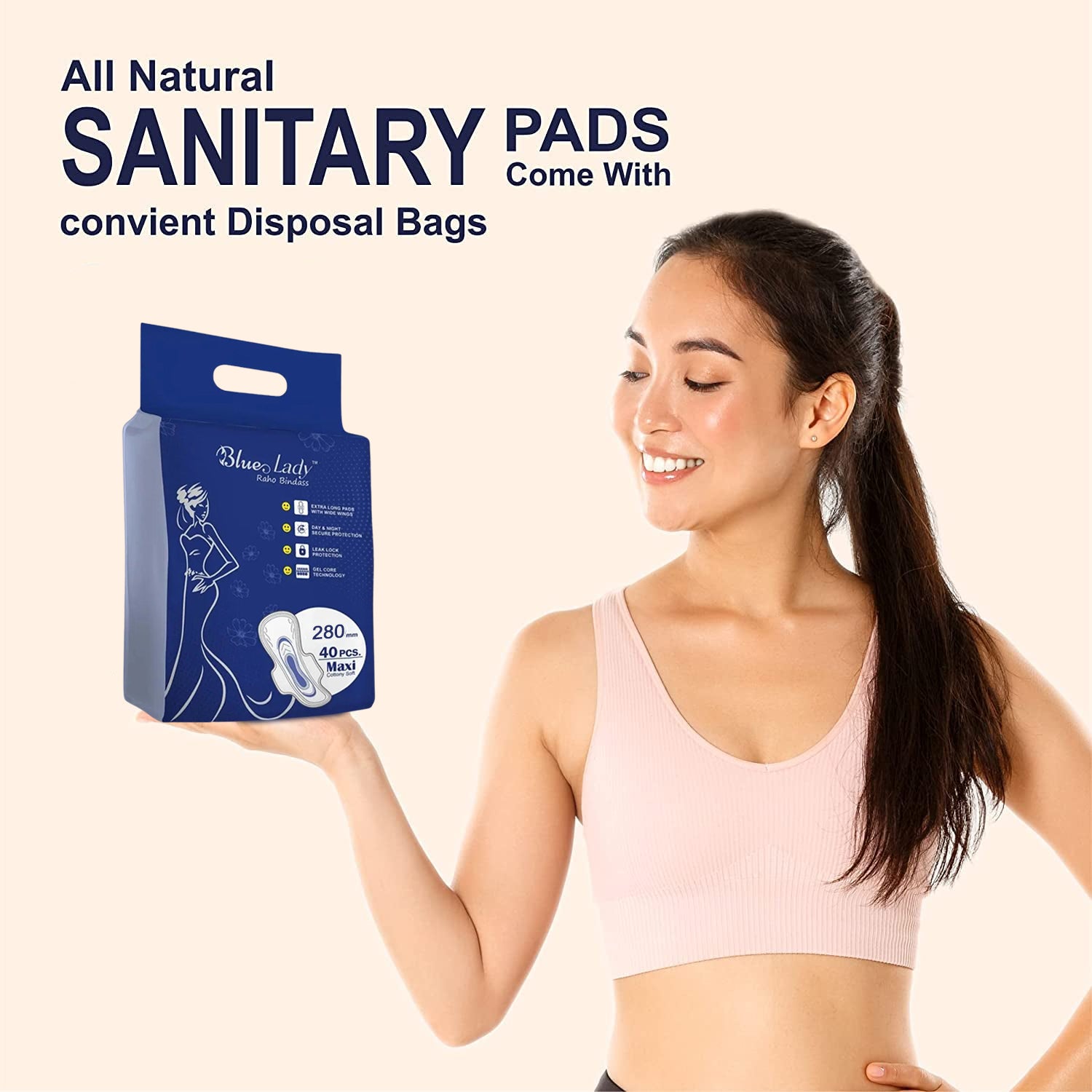 Packaging of Beautiful Basics sanitary pads, emphasizing the 40-pack quantity.