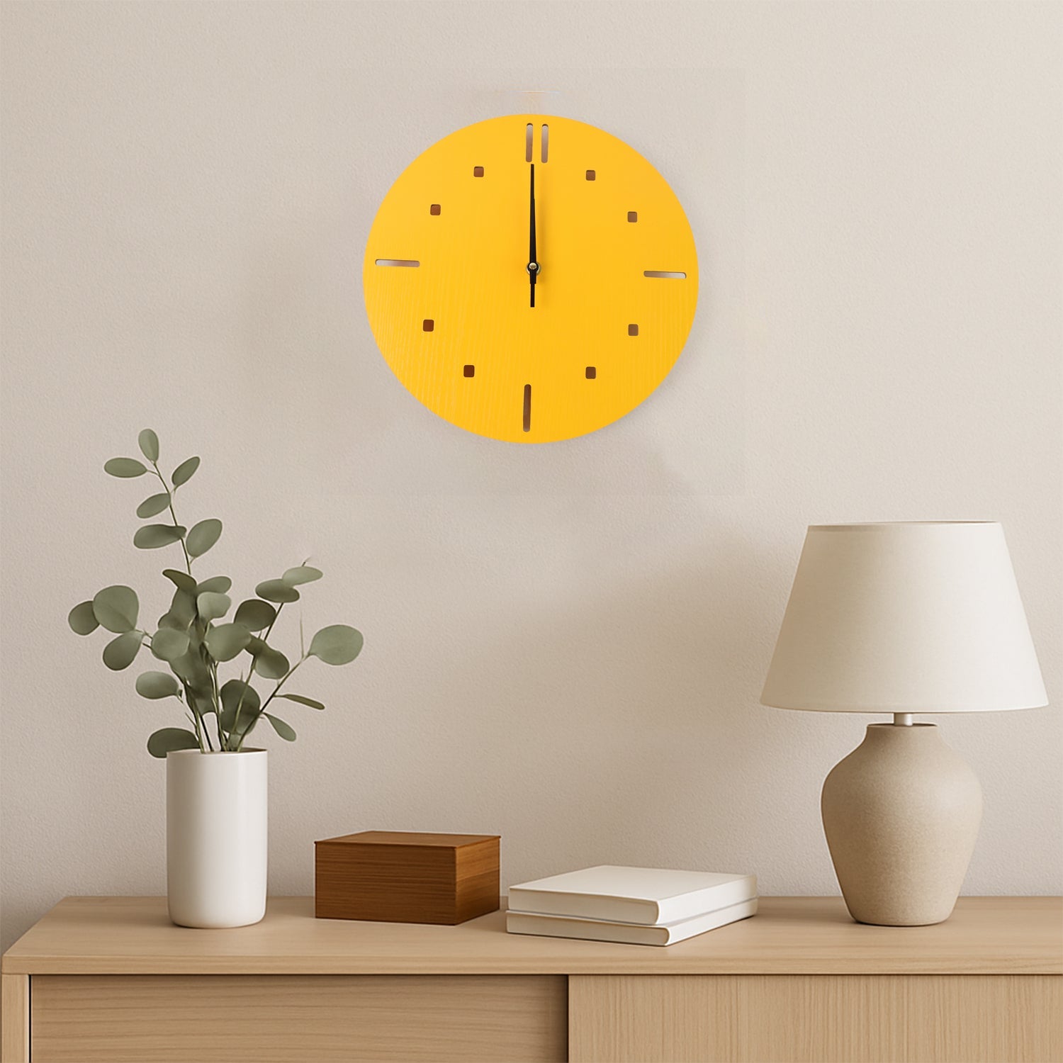 Side view of yellow round wall clock showing slim profile