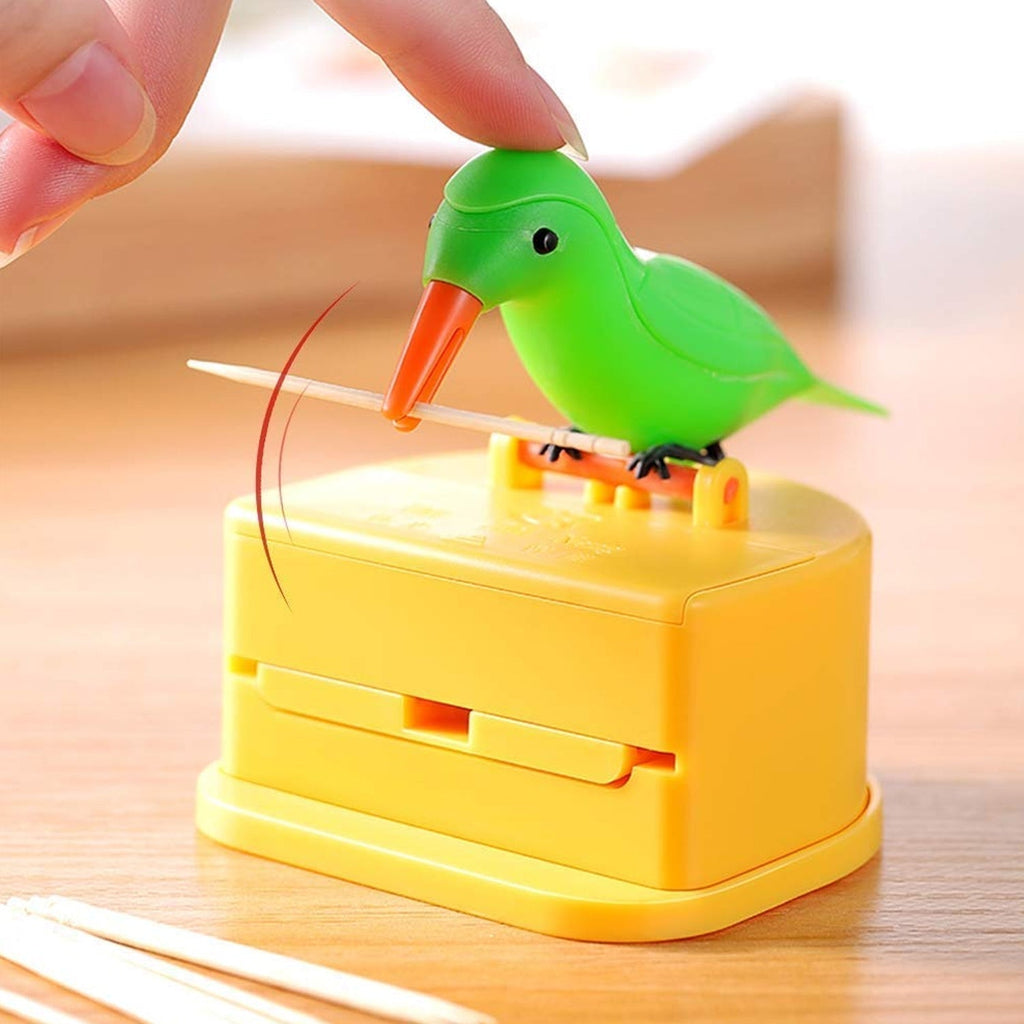 Top view of automatic toothpick storage box designed as a green bird