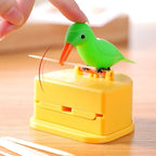 Top view of automatic toothpick storage box designed as a green bird
