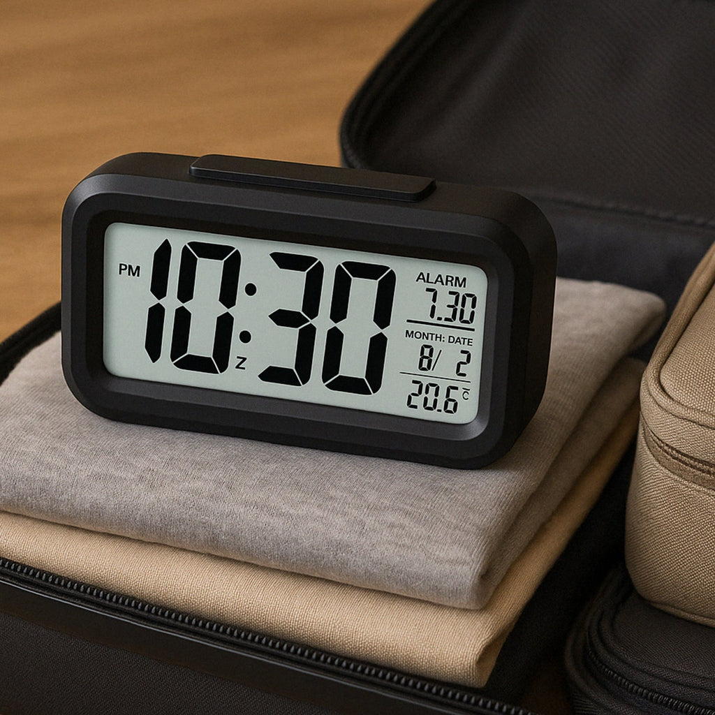 Modern design digital alarm clock emitting gentle backlight