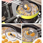 Frying filter spoon in action, lifting fried snacks from a pan.