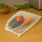 Folded transparent reusable mesh storage bag for compact carrying