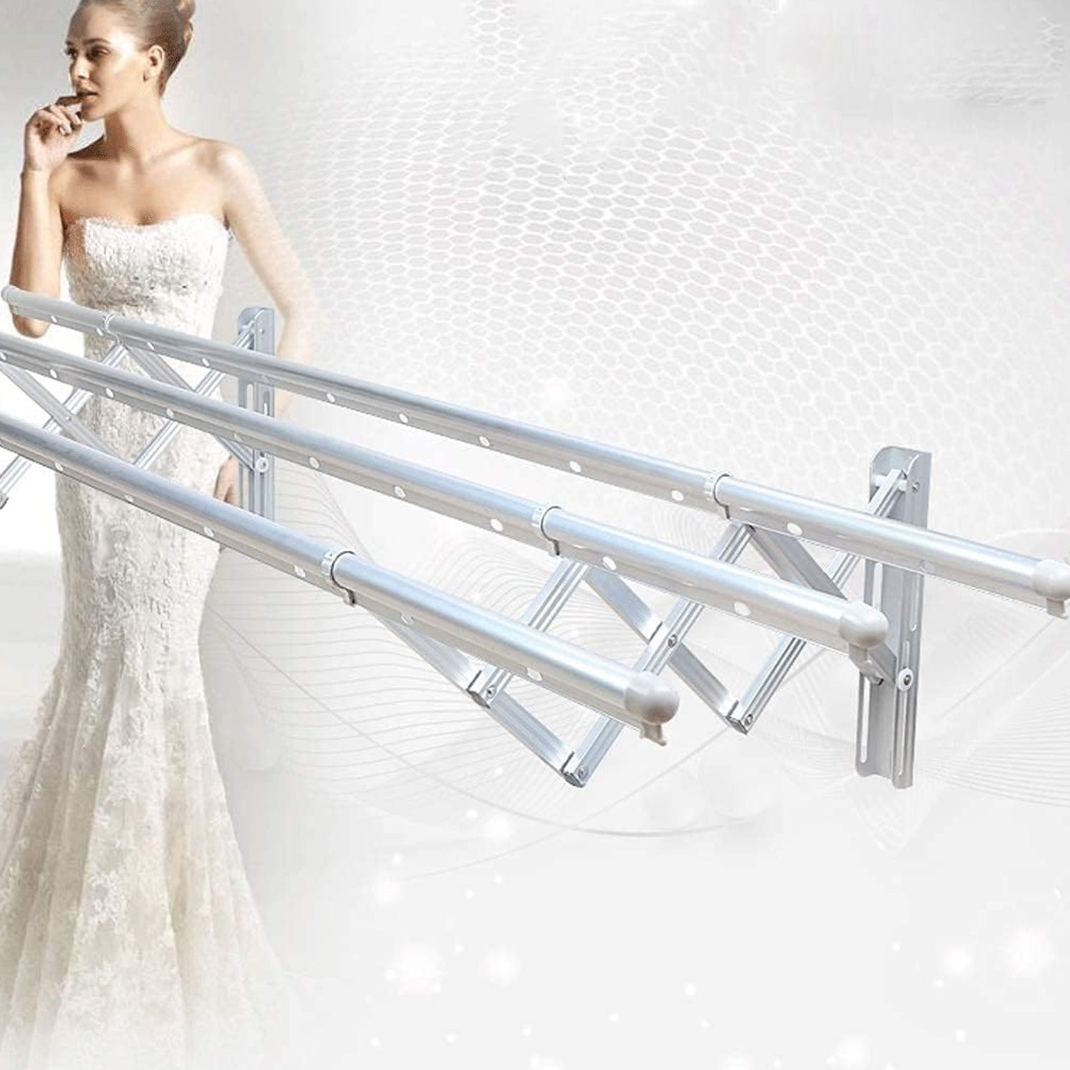 Side view of the wall-mounted foldable clothes airer, compact when not in use.