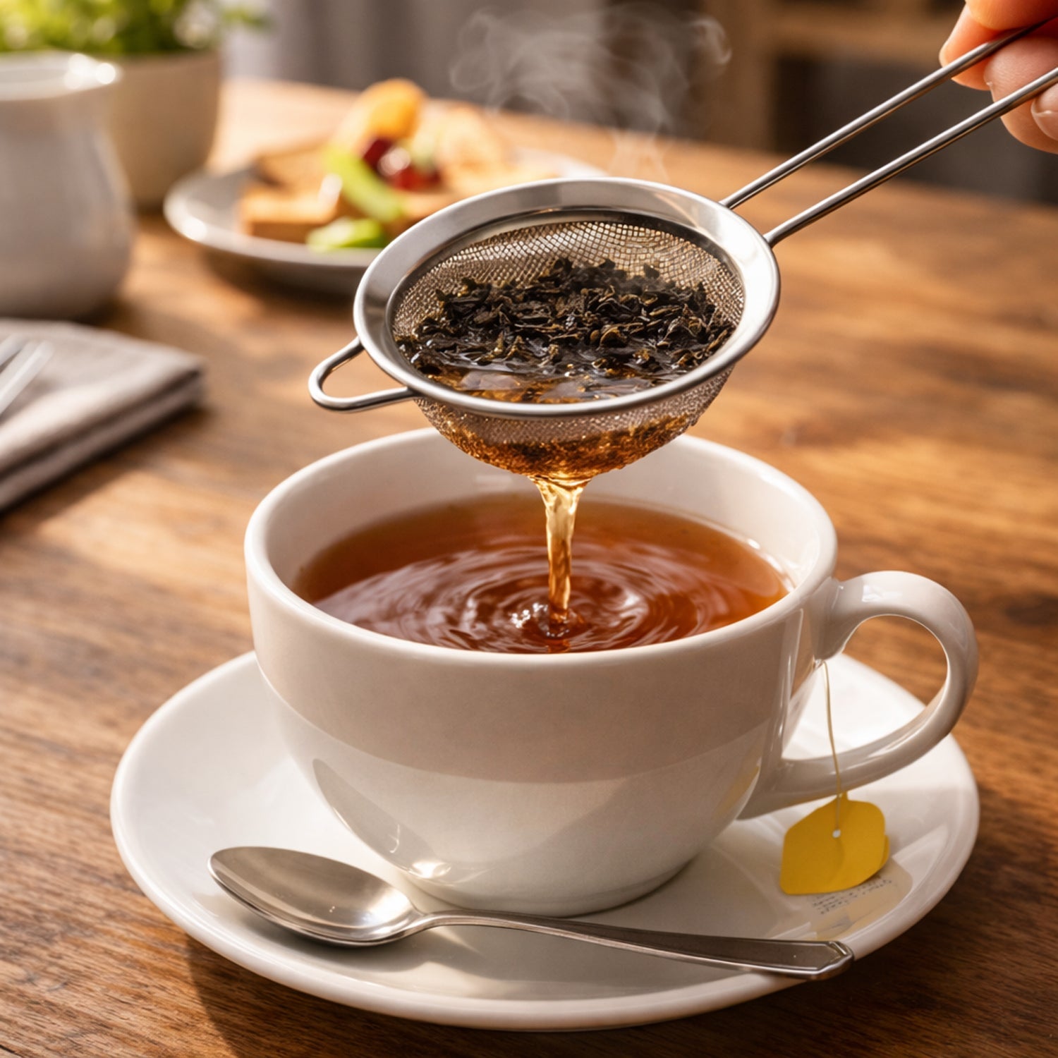 Tea strainer filtering loose leaf tea in a cup