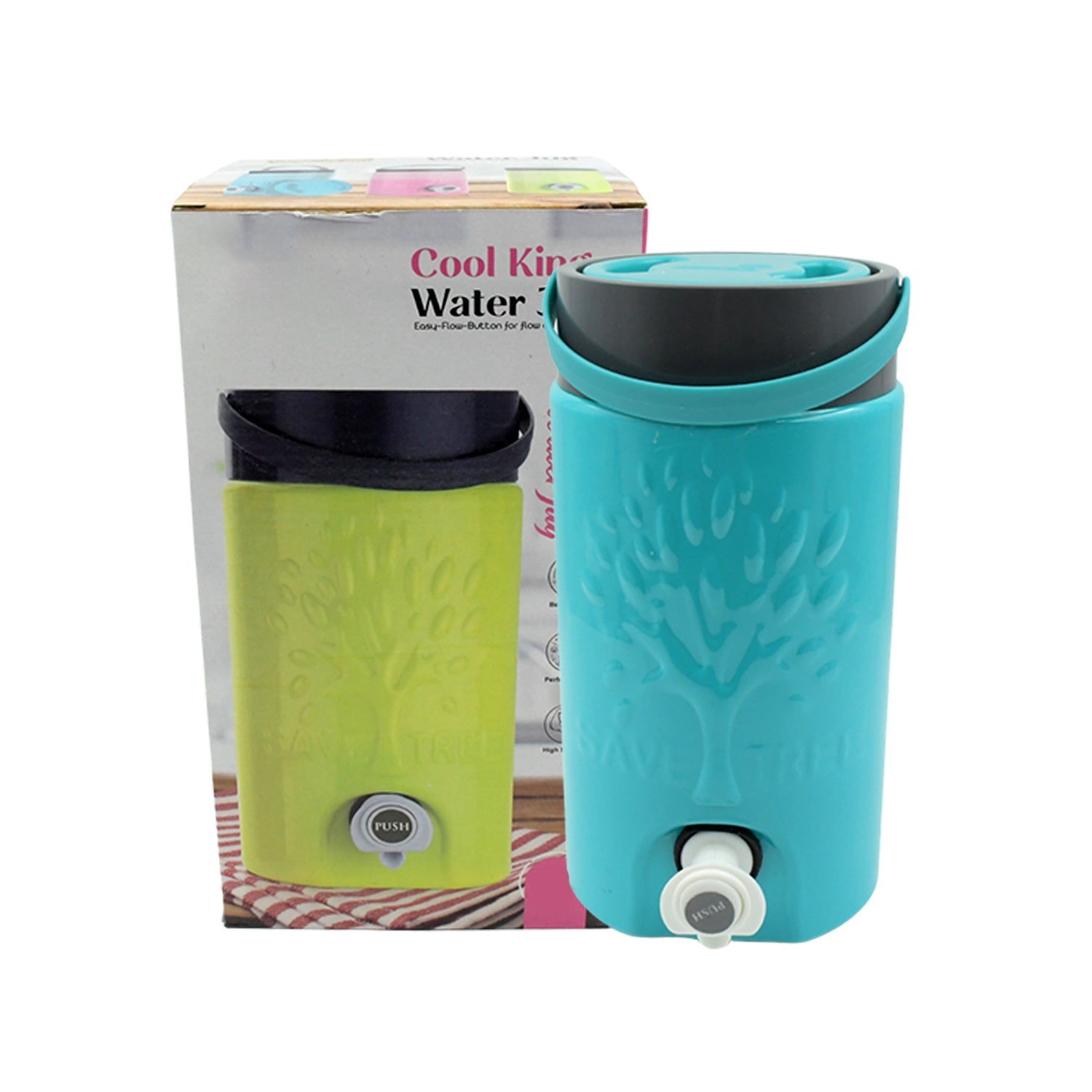 Vibrant plastic insulated water jug with an easy flow button tap.