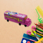 Double decker metal bus pencil case with a built-in sharpener, showcasing its vibrant design.