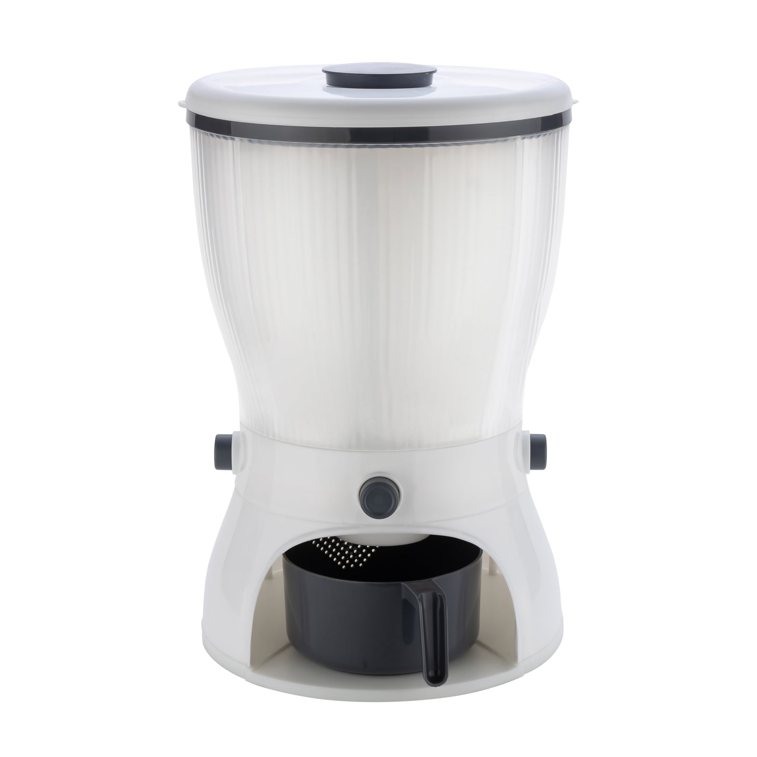Detailed view of the easy-to-use push-button dispensing mechanism on the rice dispenser.