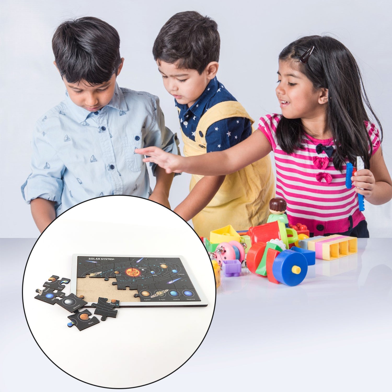 Educational wooden puzzle pieces of the solar system for children