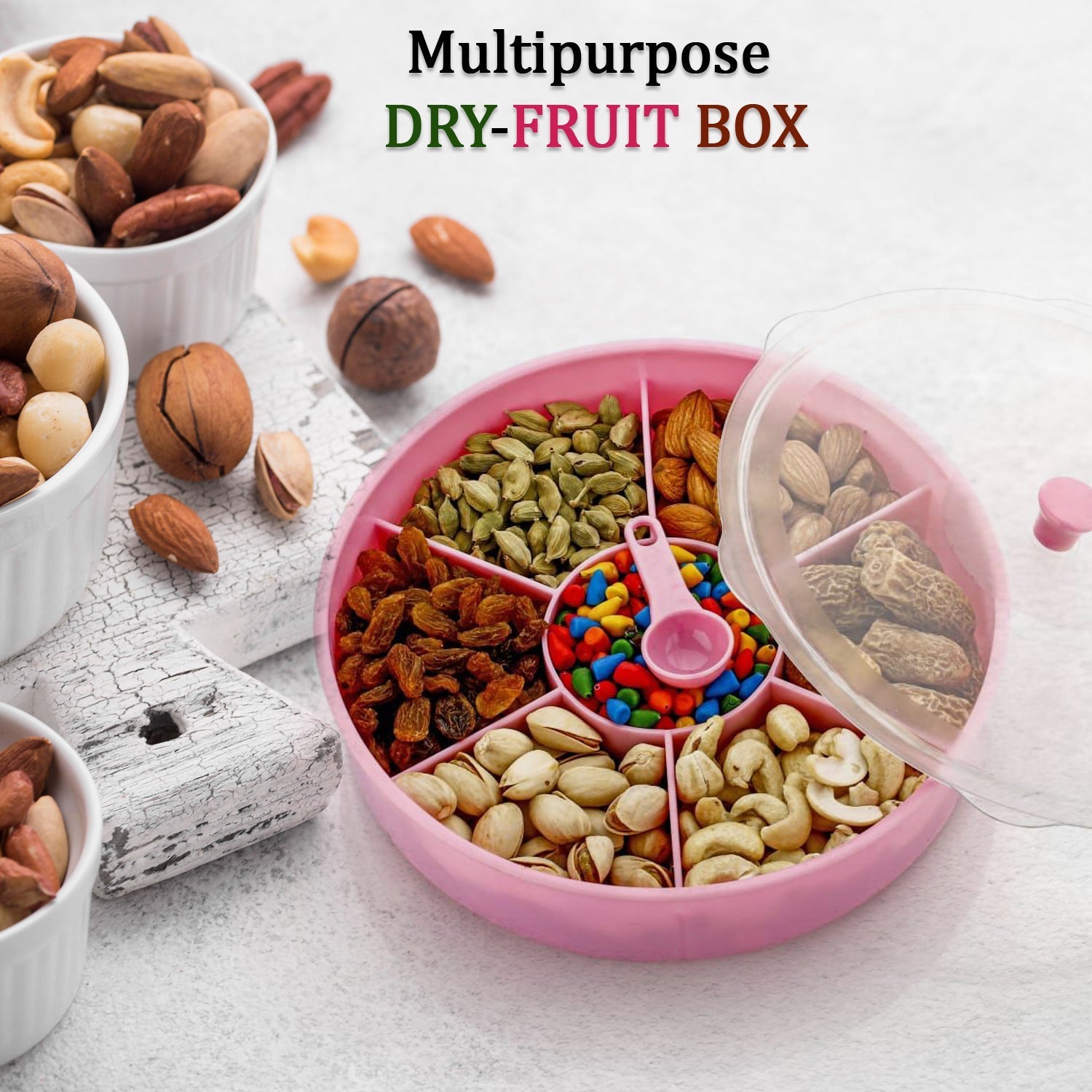 Multipurpose spice and dry fruit storage box made from unbreakable ABS plastic.