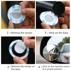 Close-up of a frameless round blind spot mirror on a car's side mirror.