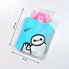 The natural rubber hot water bag removed from its blue Baymax cover.