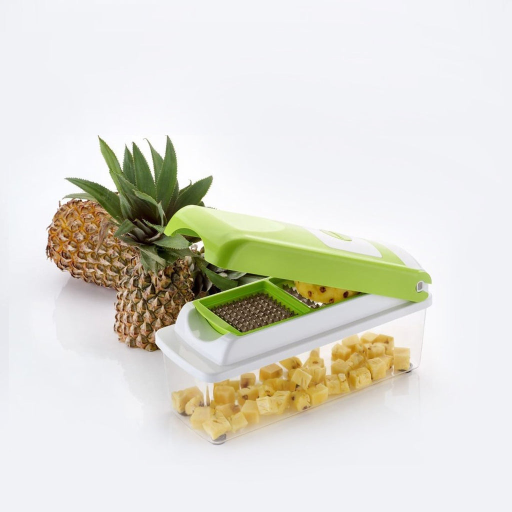 Detailed view of the Manual Vegetable Slicer's interchangeable blades for different cuts.