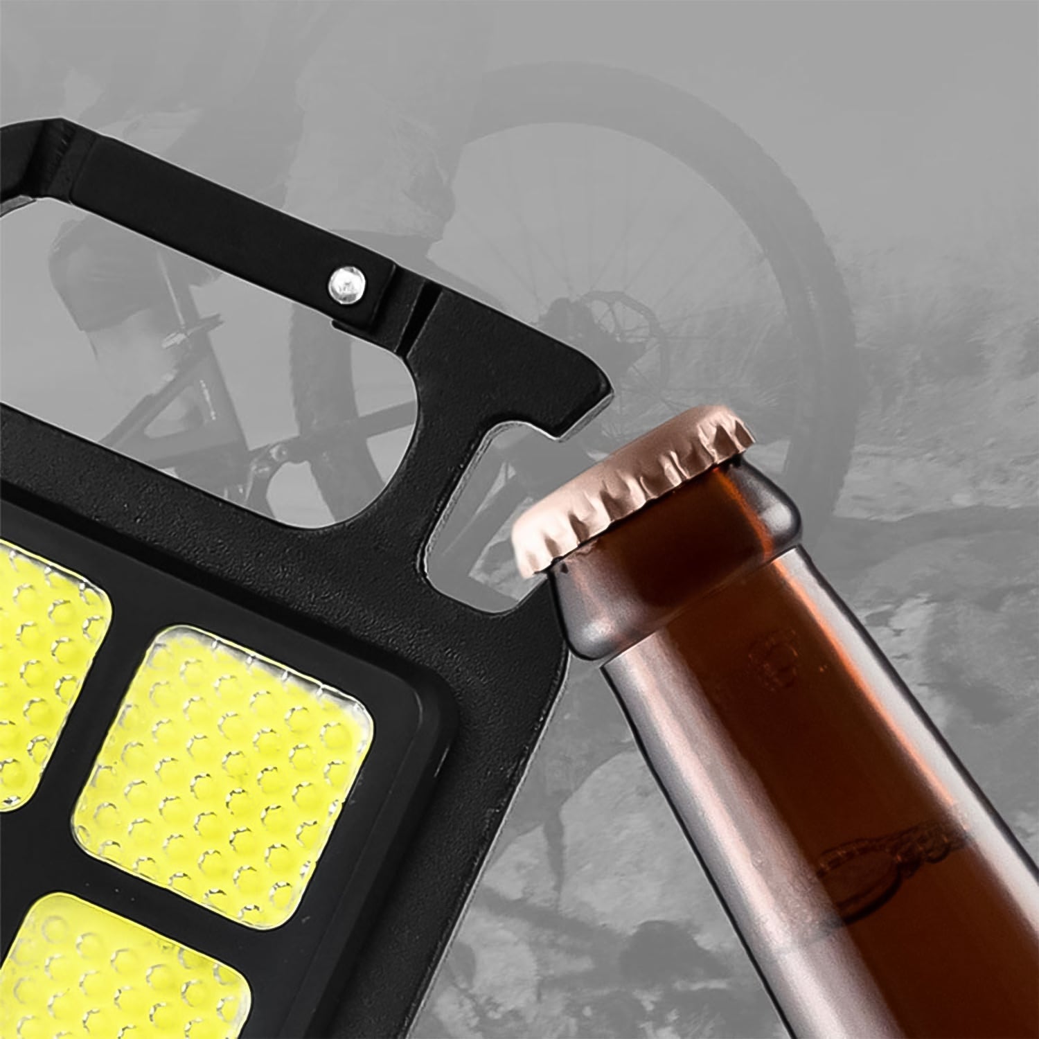 Close-up of the multi-functional magnetic base and stand of the keychain light.
