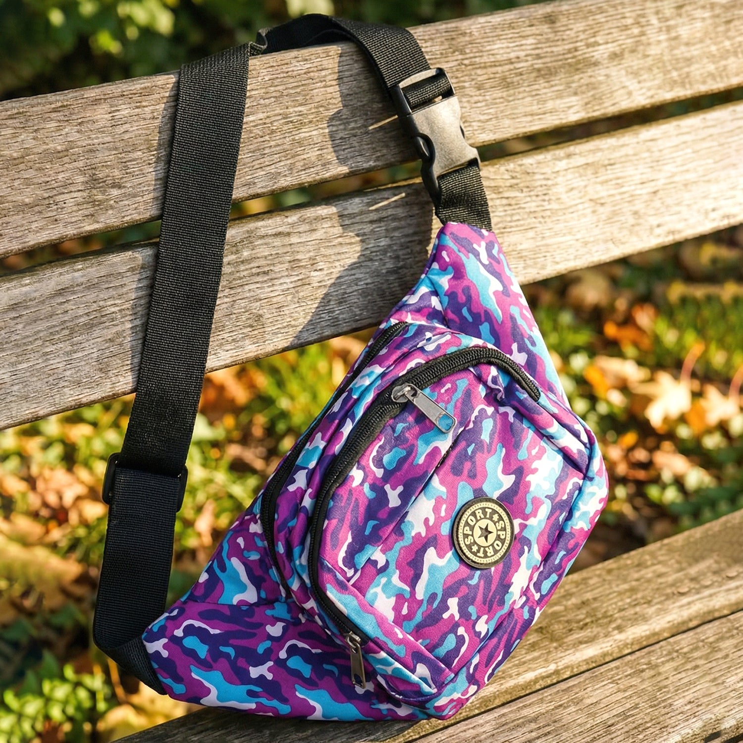 Camouflage waist belt bag securely fastened around waist for active lifestyles