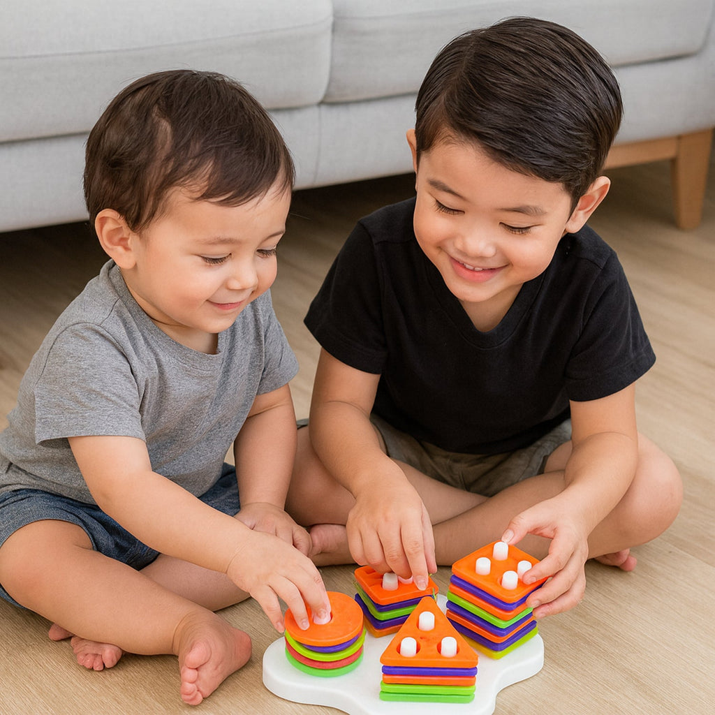 Educational geometric shape stacking toy set promoting toddler cognitive skill development